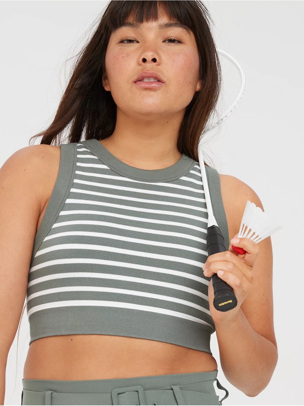 Aerie offline seamless striped sports bra - size XL - med sage green and white